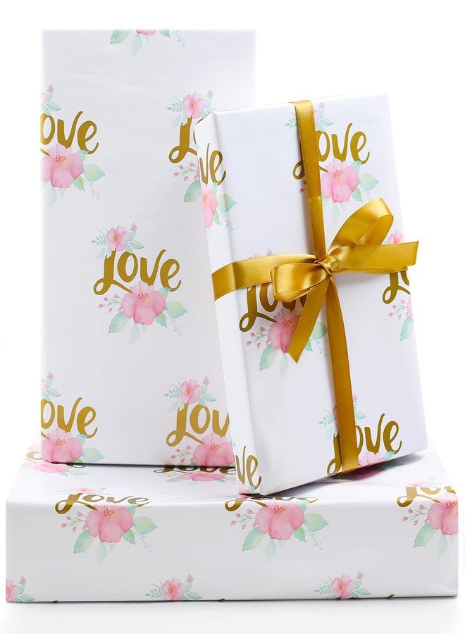 AirCool Wedding Wrapping Paper, Gold Love With Pink Floral White Groom Gift Wrap Folded Flat 5 Sheets 20x28 inches Per Sheet With Ribbon for Wedding Shower, Bridal Shower, Engagements, Birthday, Anniversary - Image 1